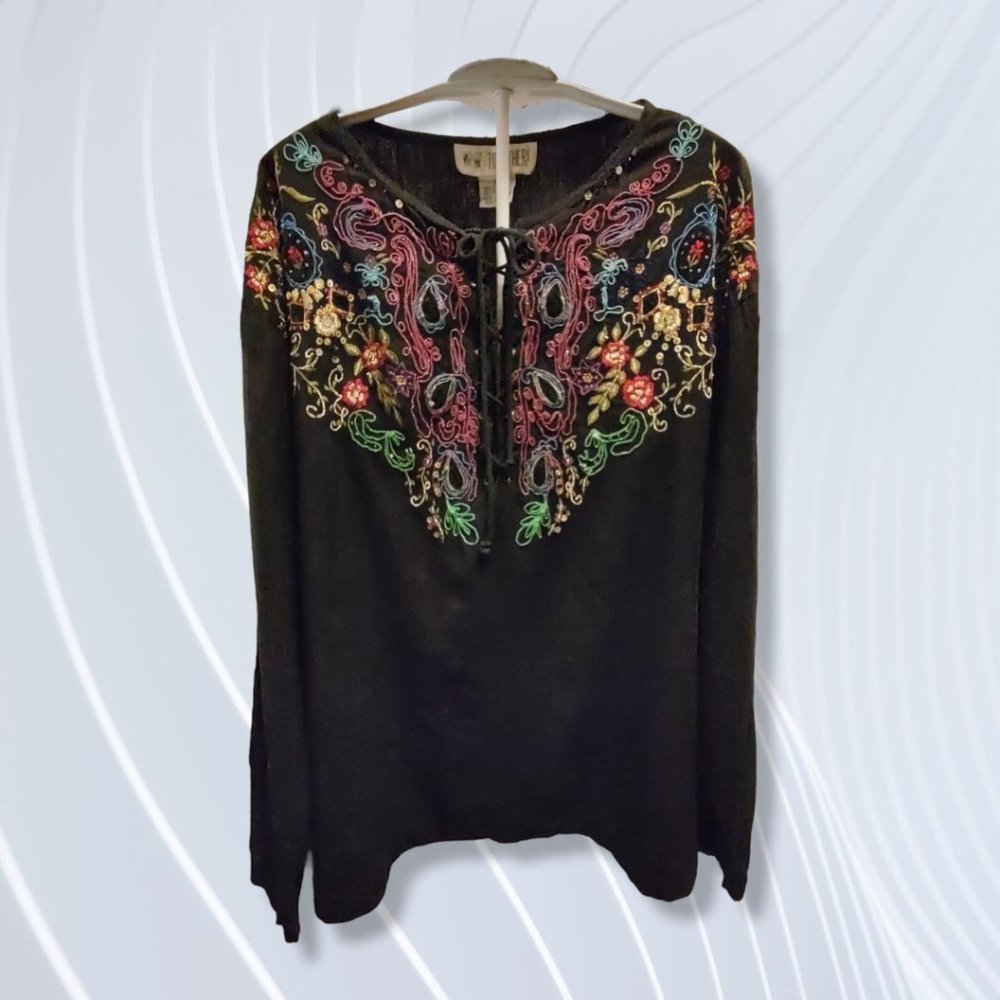 Together! Black embroidered blouse, sz Med, EUC